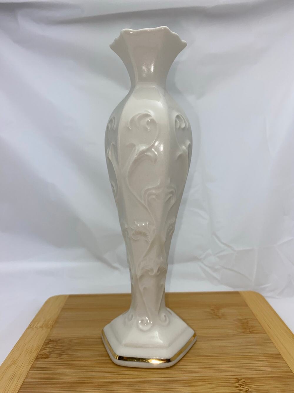 Vintage Papel Fine Ceramic Bud Vase White Gold Trim Octagon Base Hexagon Rim